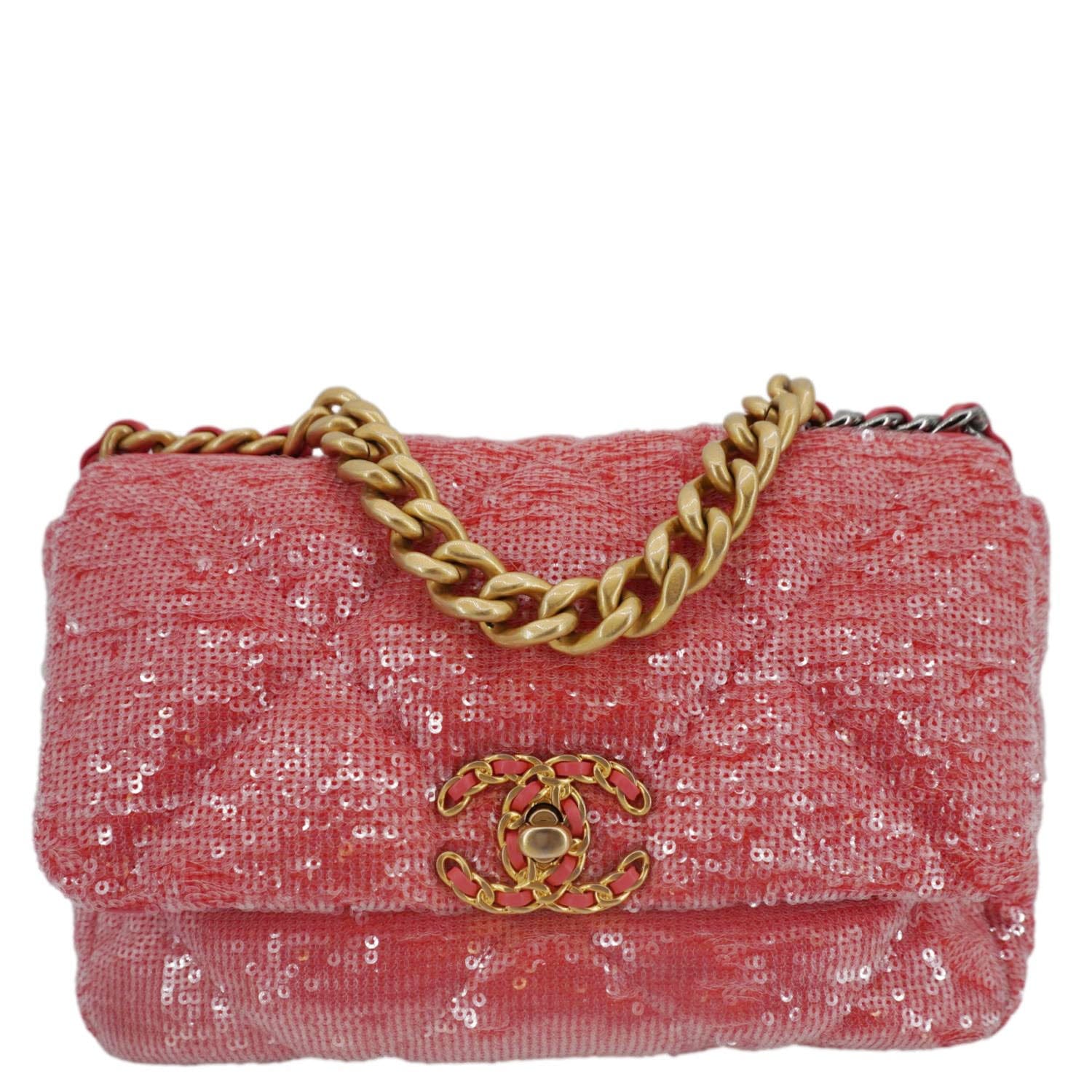 CHANEL 19 Medium Flap Quilted Sequin Shoulder Bag Hot Pink