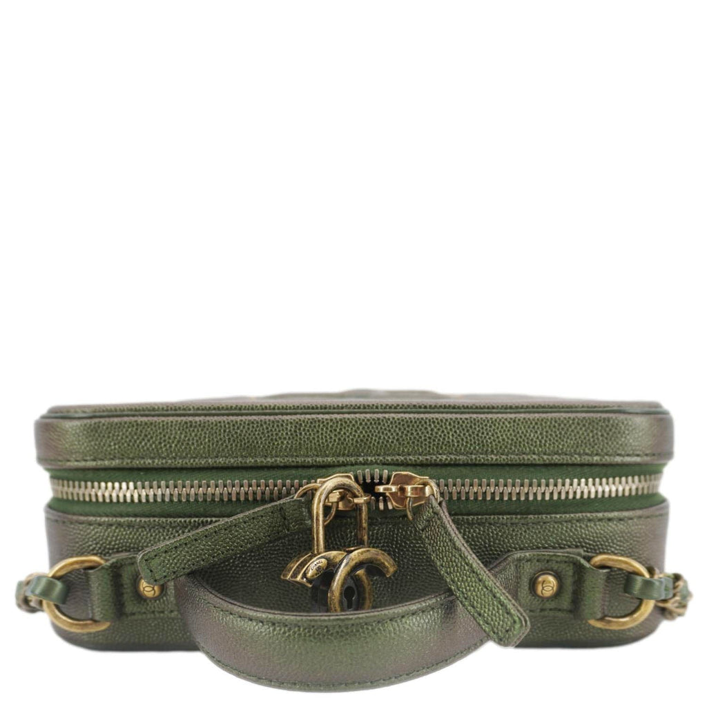CHANEL Vanity Case Filigree CC Iridescent Quilted Caviar Leather Shoulder Bag Green