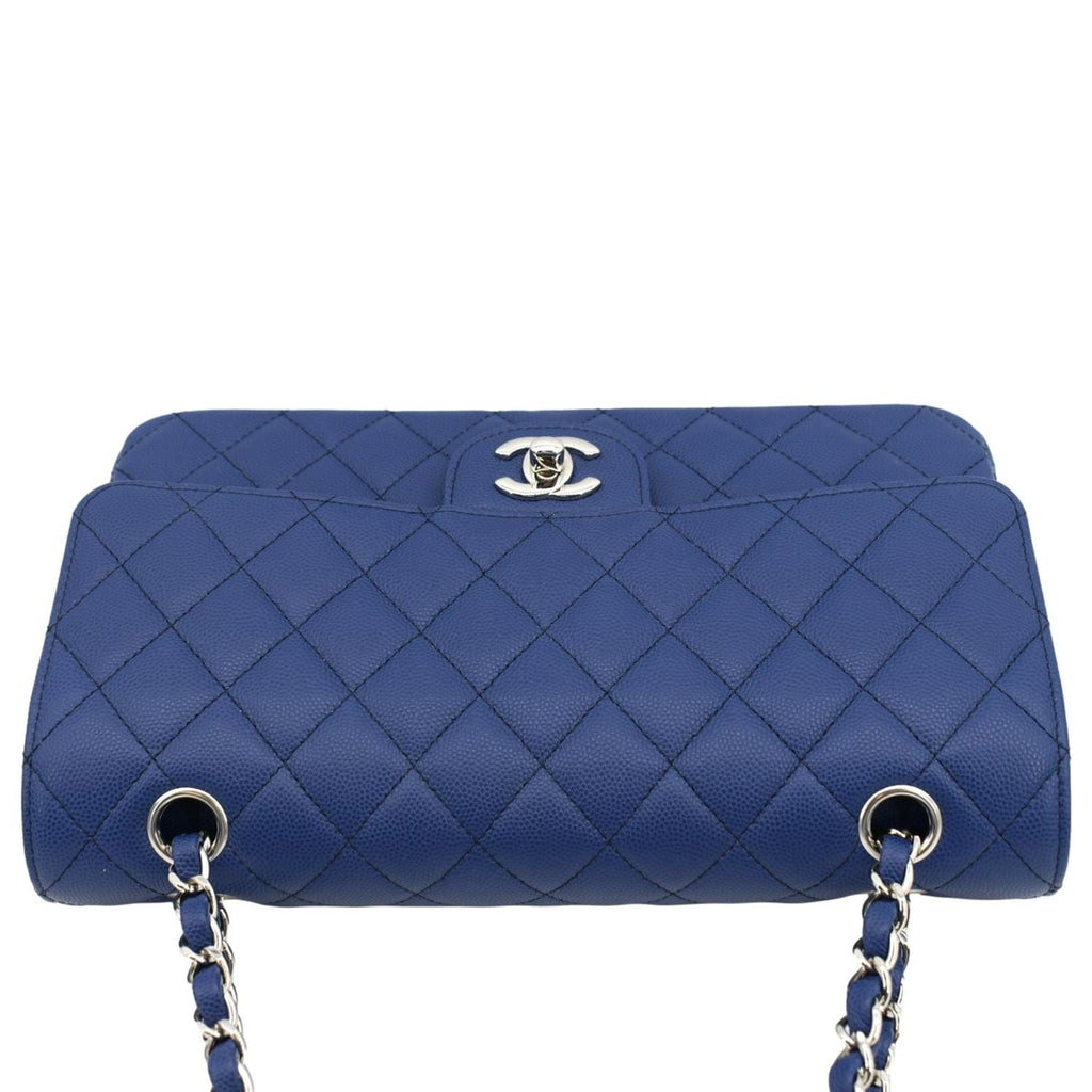 CHANEL Classic Medium Flap Quilted Caviar Leather Shoulder Bag Blue