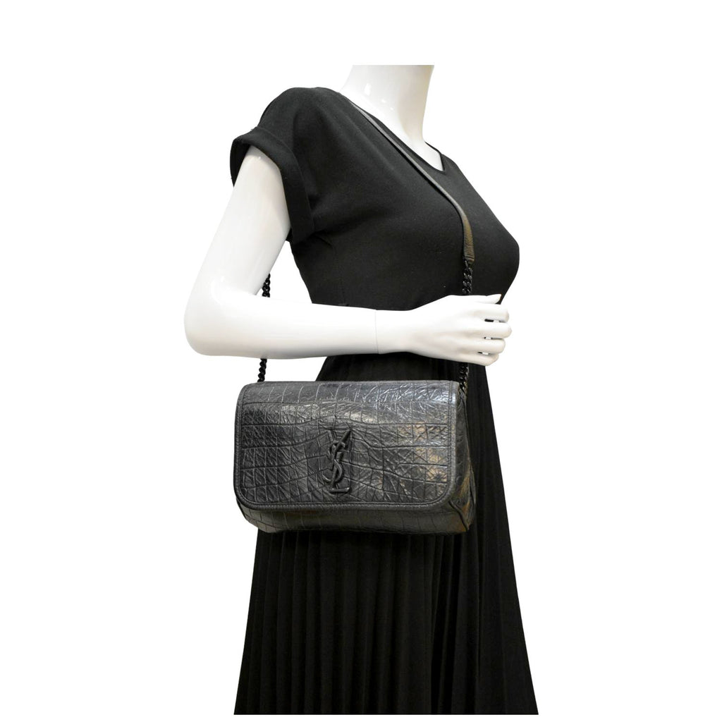 YVES SAINT LAURENT Niki Baby Crocodile Leather Chain Shoulder Bag Black