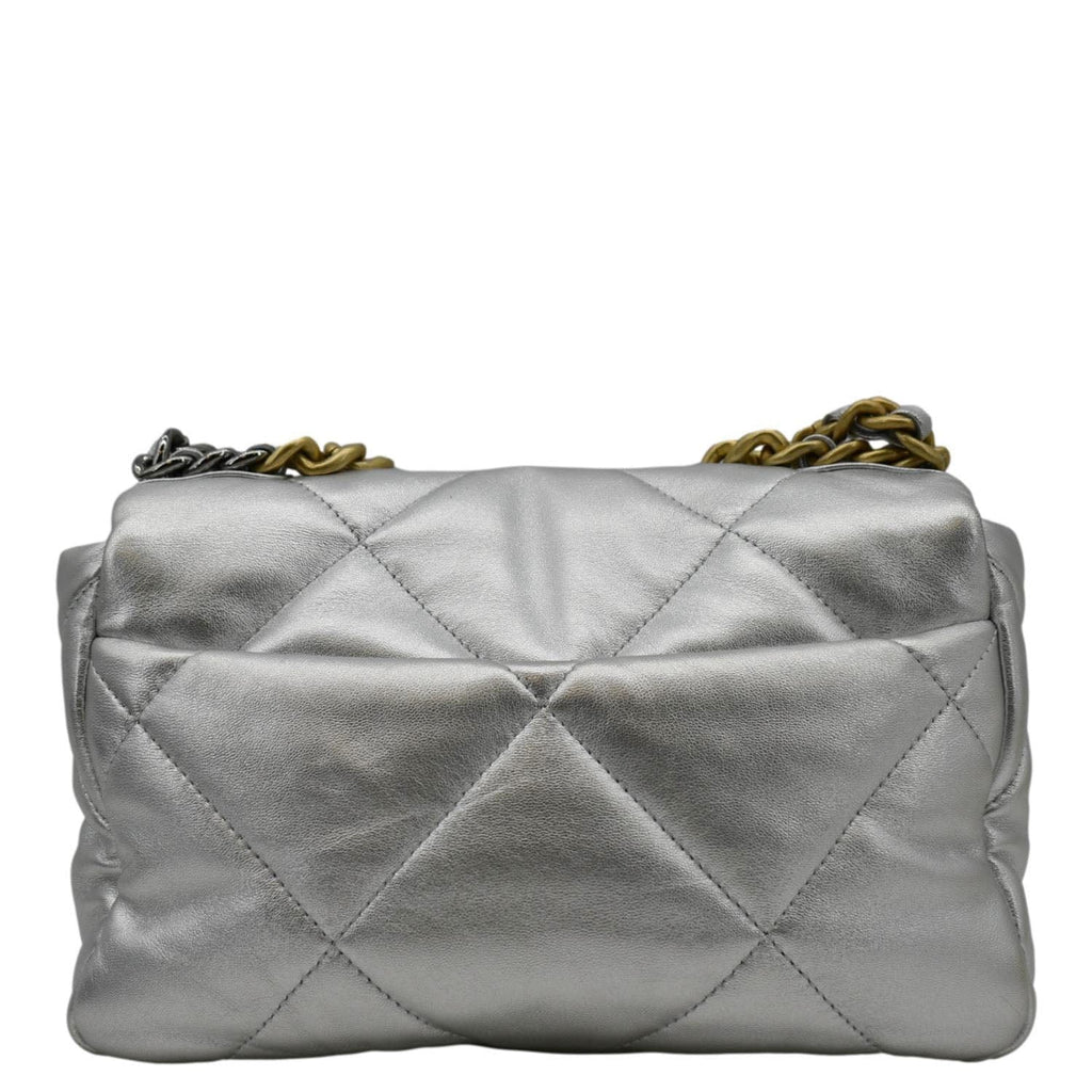 CHANEL 19 Medium Flap Quilted Leather Shoulder Bag Metallic Silver