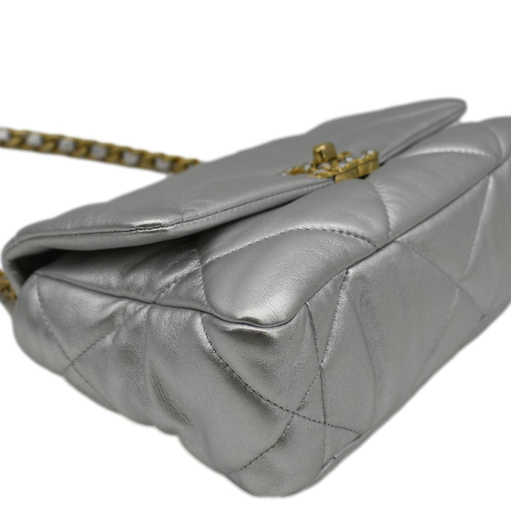 CHANEL 19 Medium Flap Quilted Leather Shoulder Bag Metallic Silver