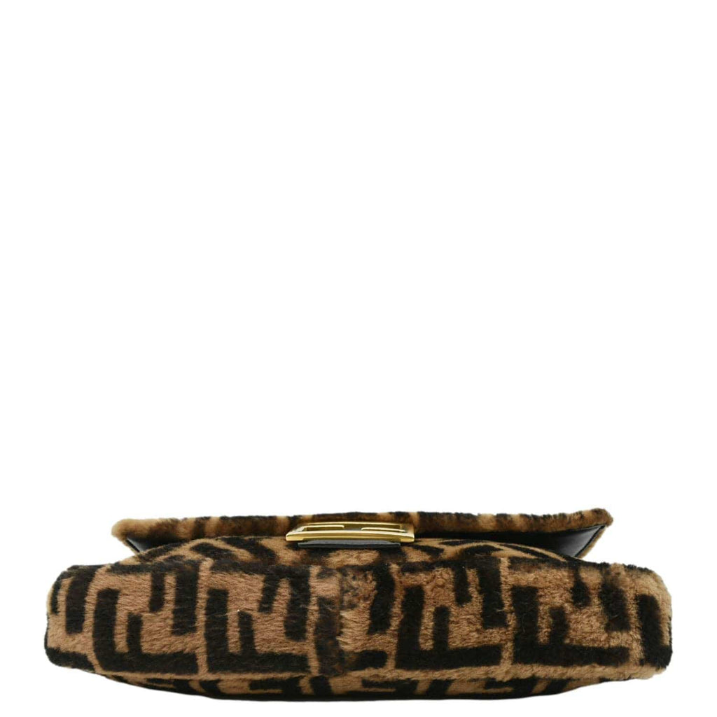FENDI Baguette Medium FF Shearling Sheepskin Shoulder Bag Brown