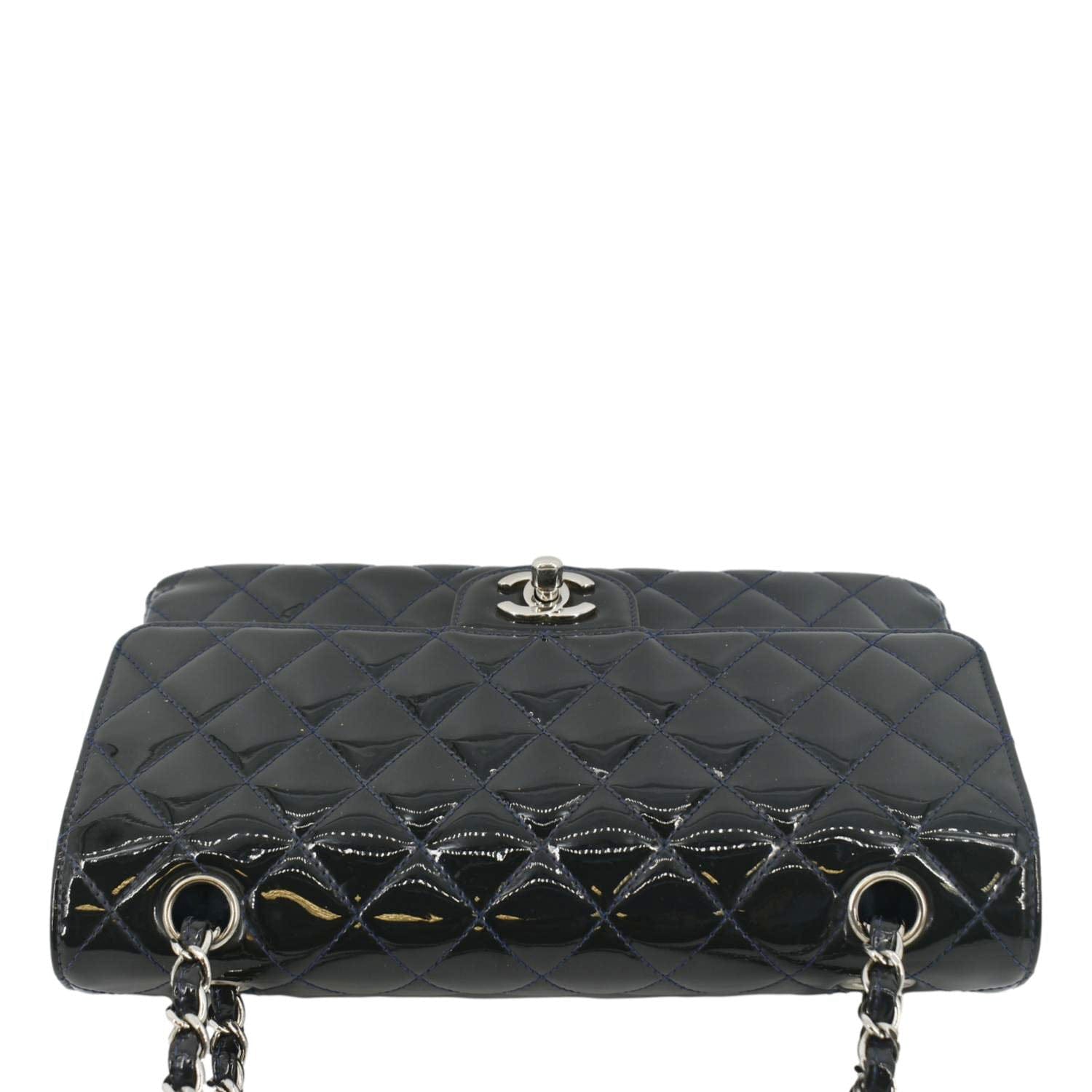 CHANEL Medium Double Flap Quilted Patent Leather Shoulder Bag Olive