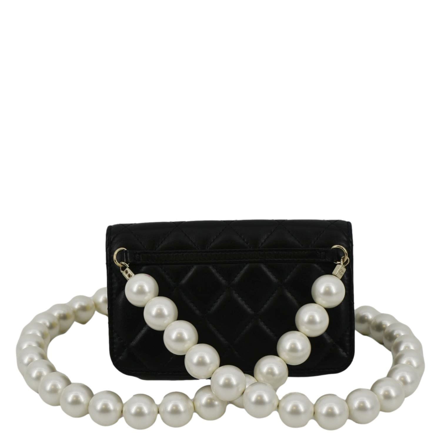 CHANEL Pearl Strap CC Mini Quilted Leather Wallet on Chain Shoulder Bag Black