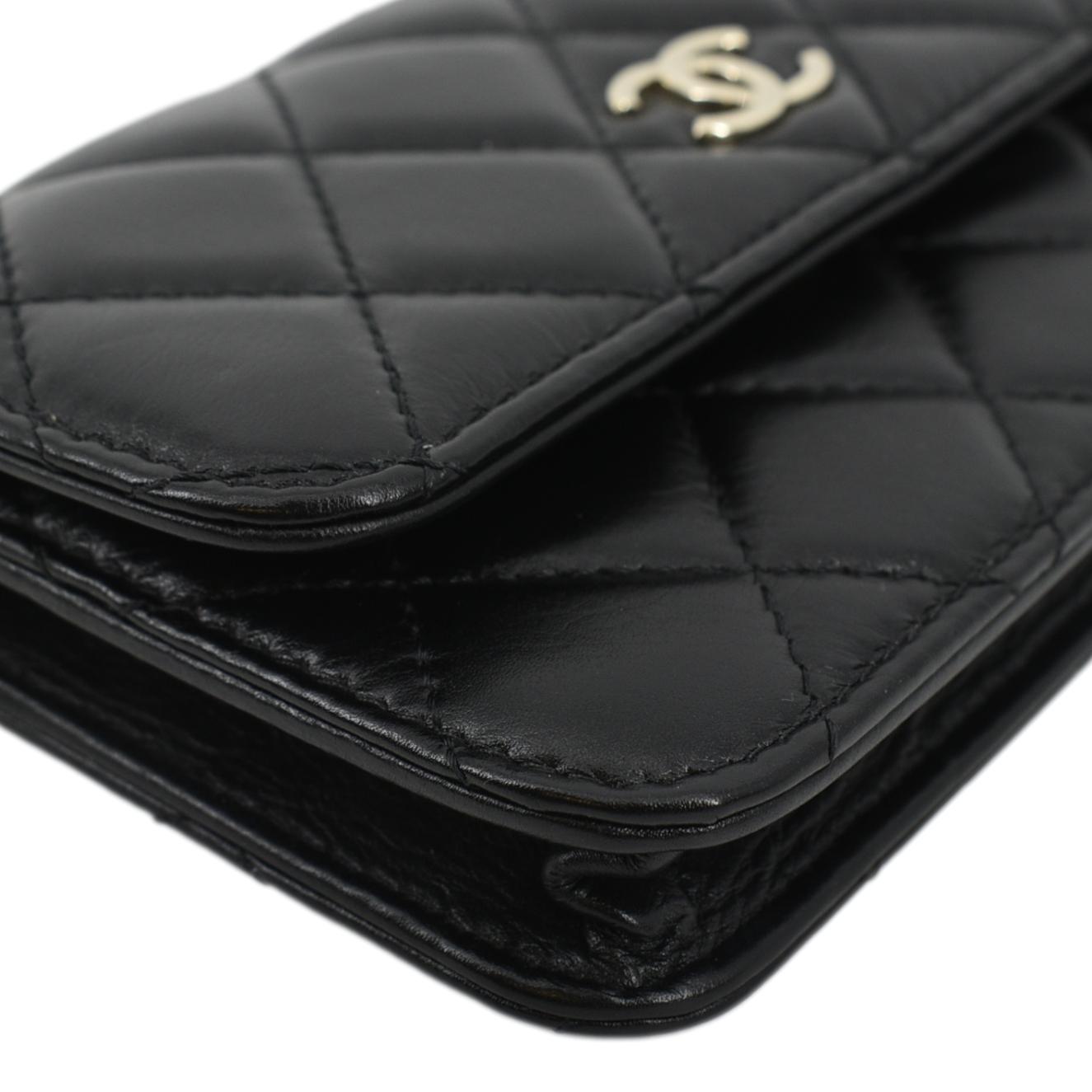 CHANEL Pearl Strap CC Mini Quilted Leather Wallet on Chain Shoulder Bag Black