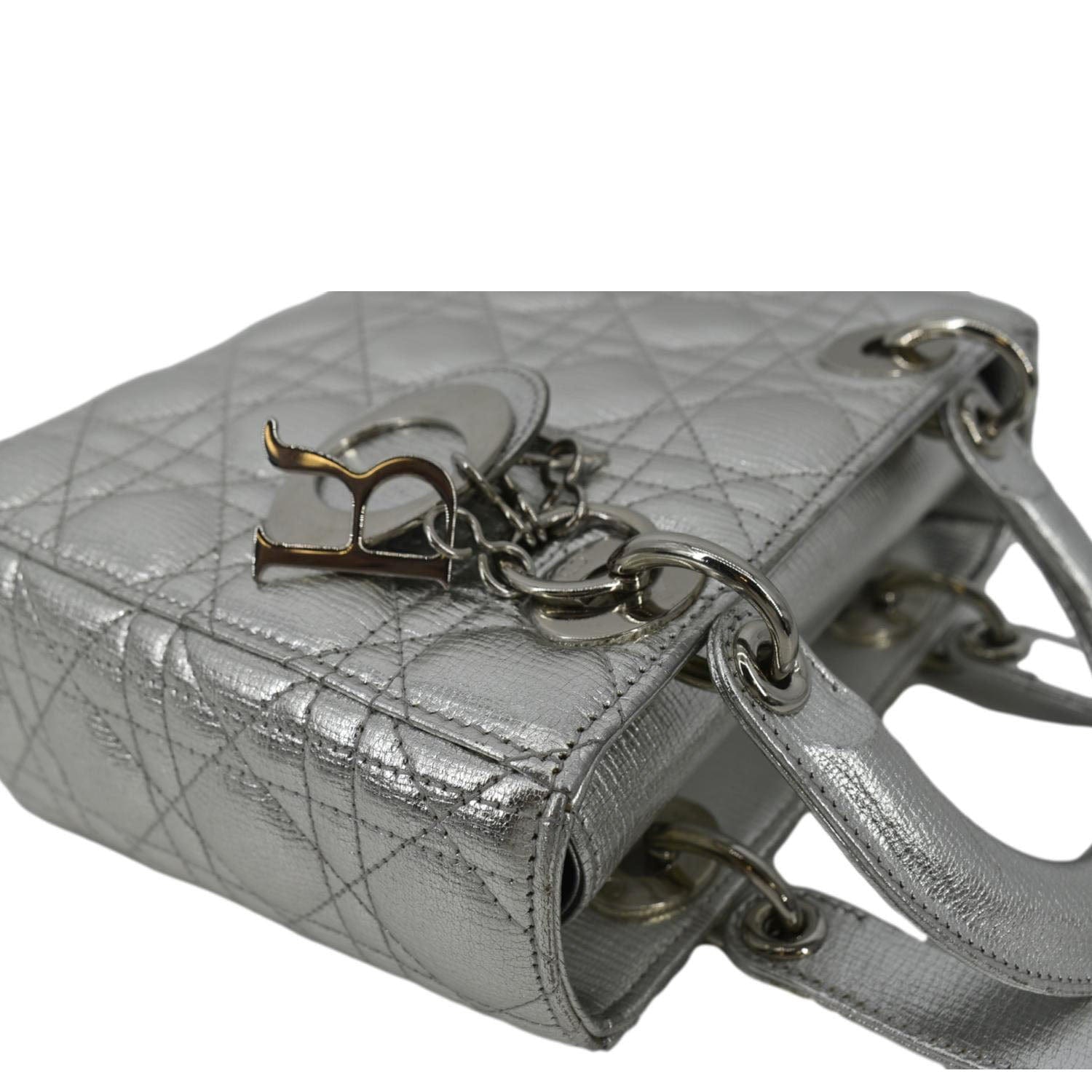 CHRISTIAN DIOR Lady Dior Lambskin Leather Shoulder Bag Metallic Silver