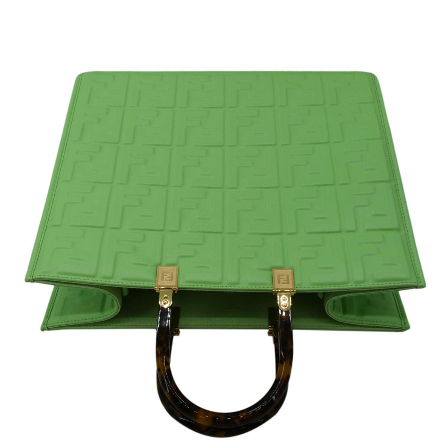 FENDI Sunshine Medium Embossed Leather Shopper Tote Bag Green