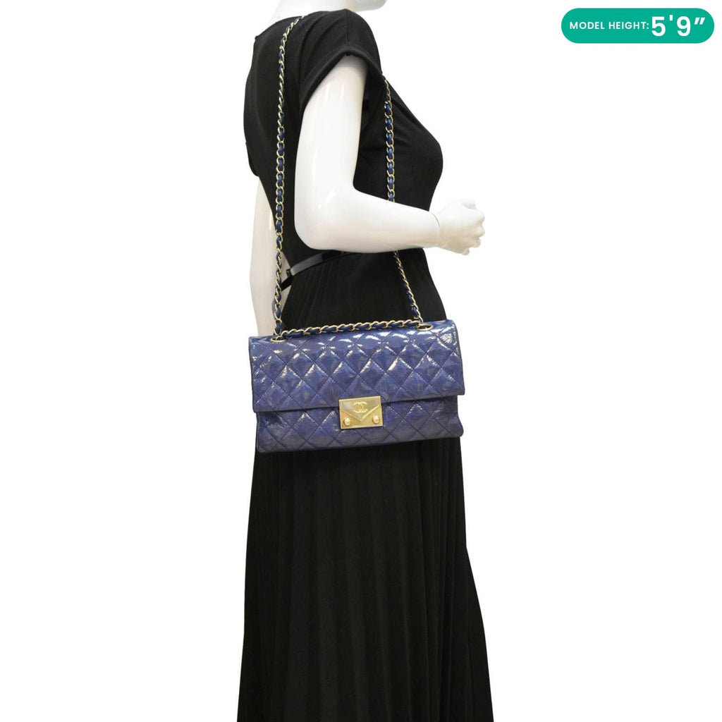 Chanel Envelope Lock 3 Small Quilted Patent Leather Shoulder Bag Blue
