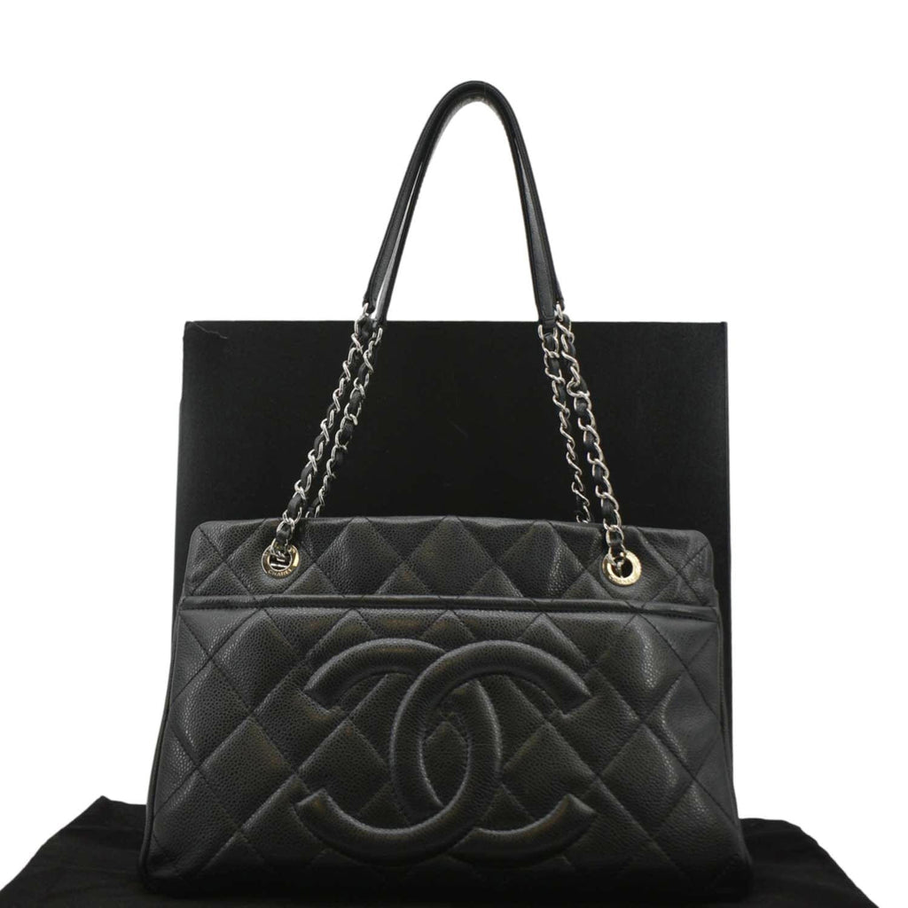 CHANEL Timeless CC Soft Quilted Caviar Leather Shopping Tote Bag Black