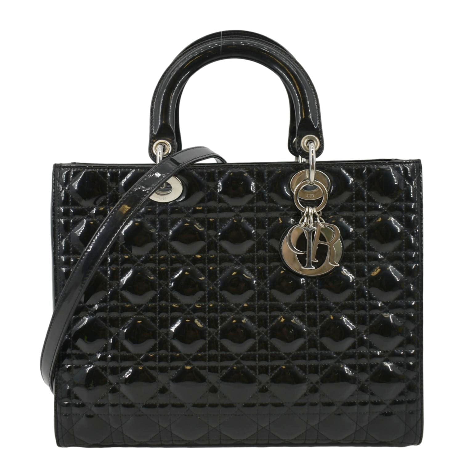 CHRISTIAN DIOR Lady Dior Large Quilted Patent Leather Shoulder Bag Black