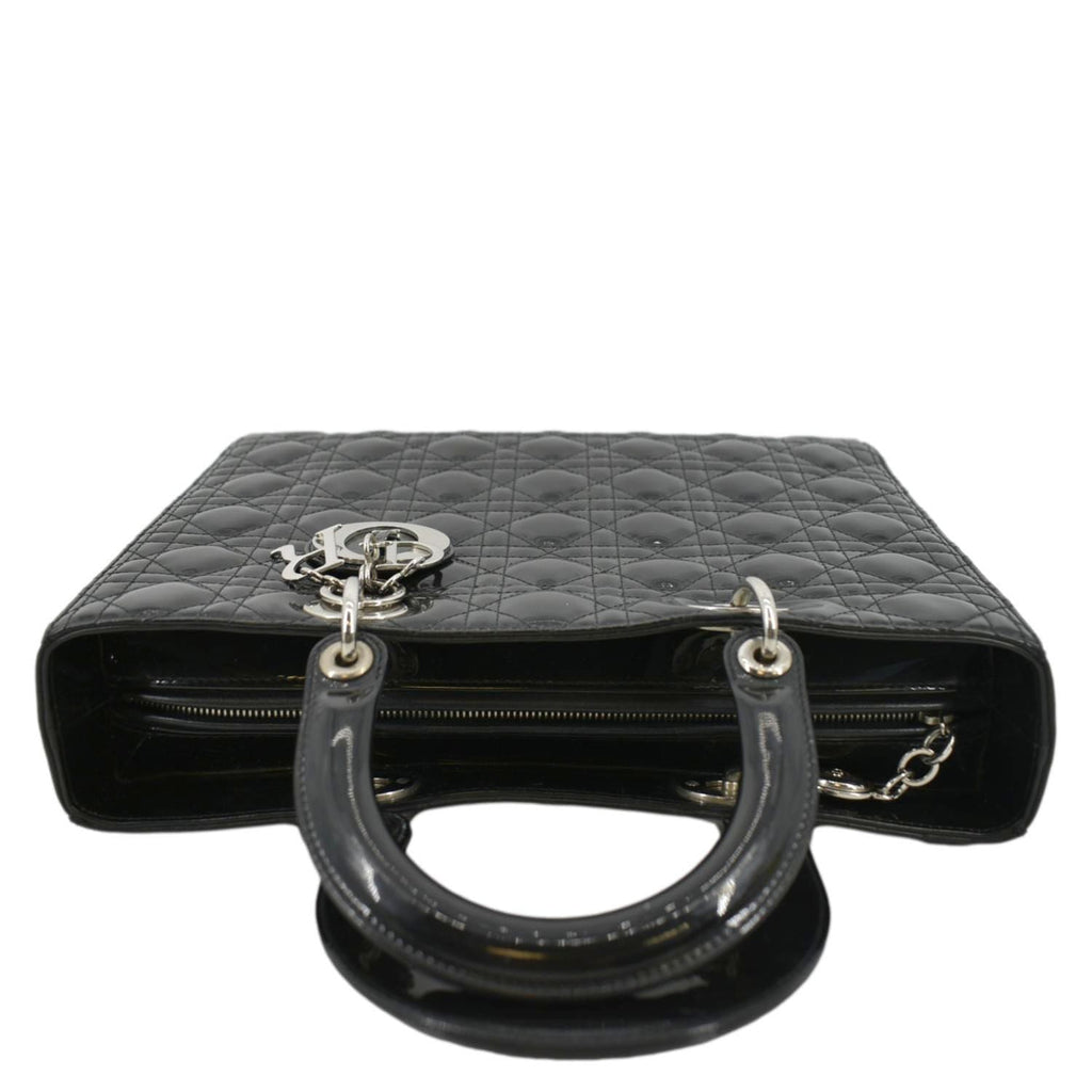 CHRISTIAN DIOR Lady Dior Large Quilted Patent Leather Shoulder Bag Black