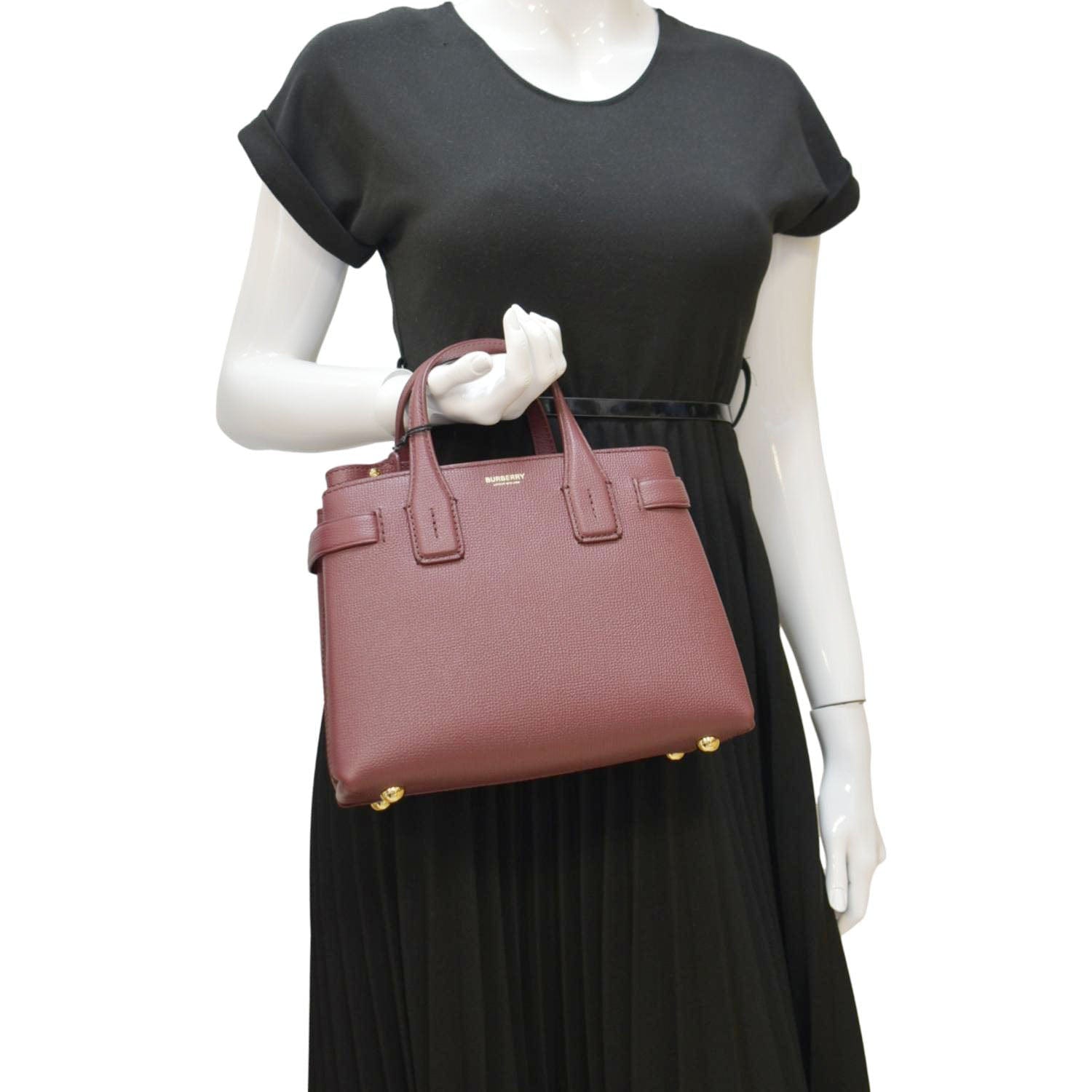 BURBERRY Banner Small House Check Leather Tote Shoulder Bag Maroon