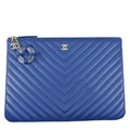 CHANEL O Case Chevron Leather Clutch Bag Blue