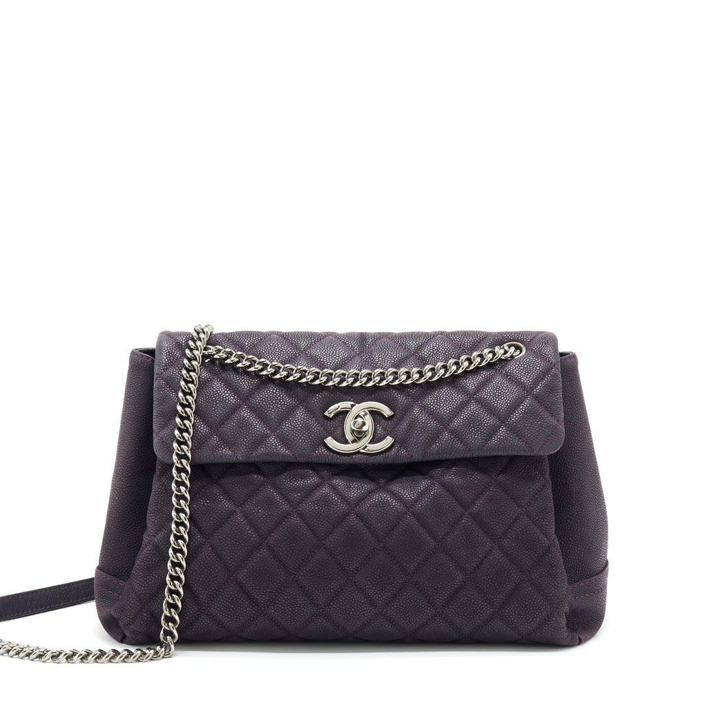 Chanel Flap Tote Bag With Chain Grained Calfskin Dark Purple