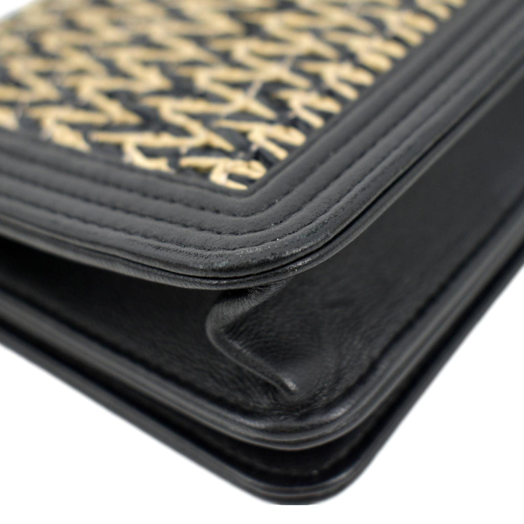 CHANEL Boy Flap Woven Raffia Leather Shoulder Bag Black