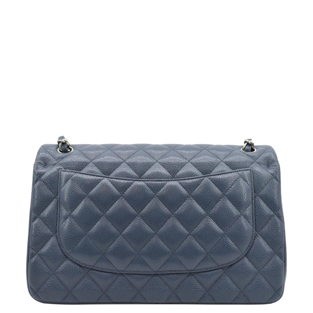 CHANEL Classic Jumbo Double Flap Quilted Caviar Leather Shoulder Bag Blue