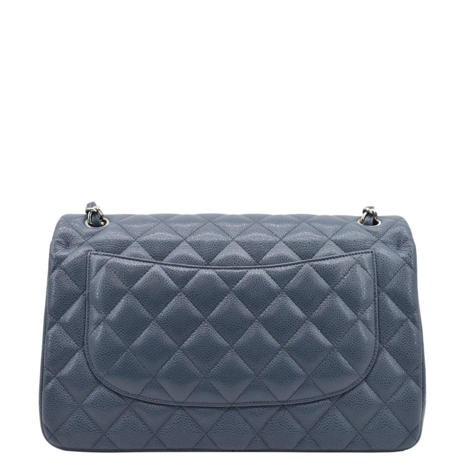 CHANEL Classic Jumbo Double Flap Quilted Caviar Leather Shoulder Bag Blue