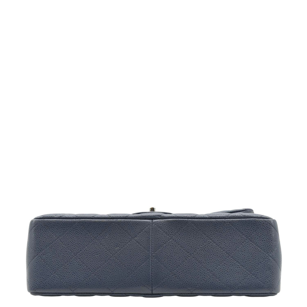 CHANEL Classic Jumbo Double Flap Quilted Caviar Leather Shoulder Bag Blue