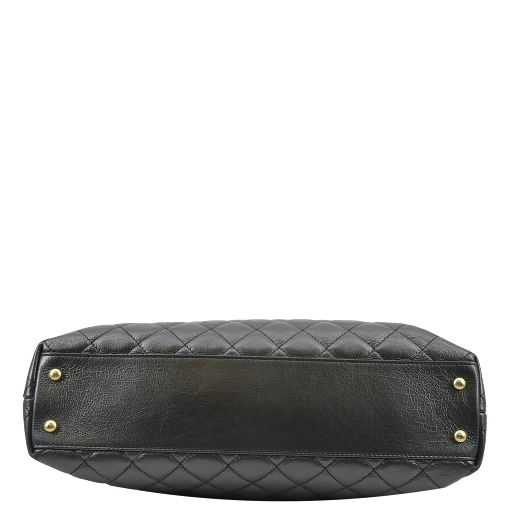 CHANEL Front CC Drawstring Quilted Leather Shopping Tote Bag Dark Grey