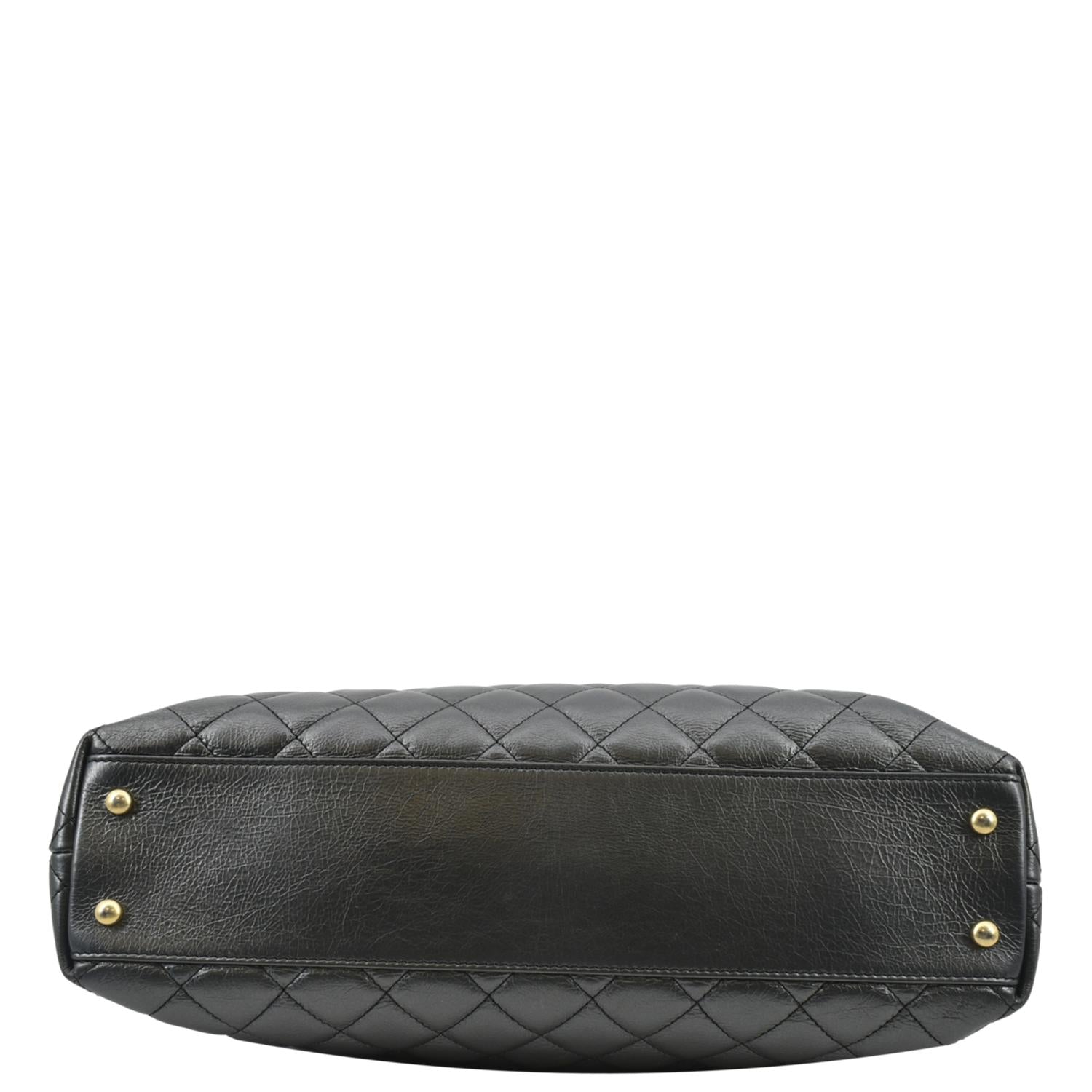 CHANEL Front CC Drawstring Quilted Leather Shopping Tote Bag Dark Grey