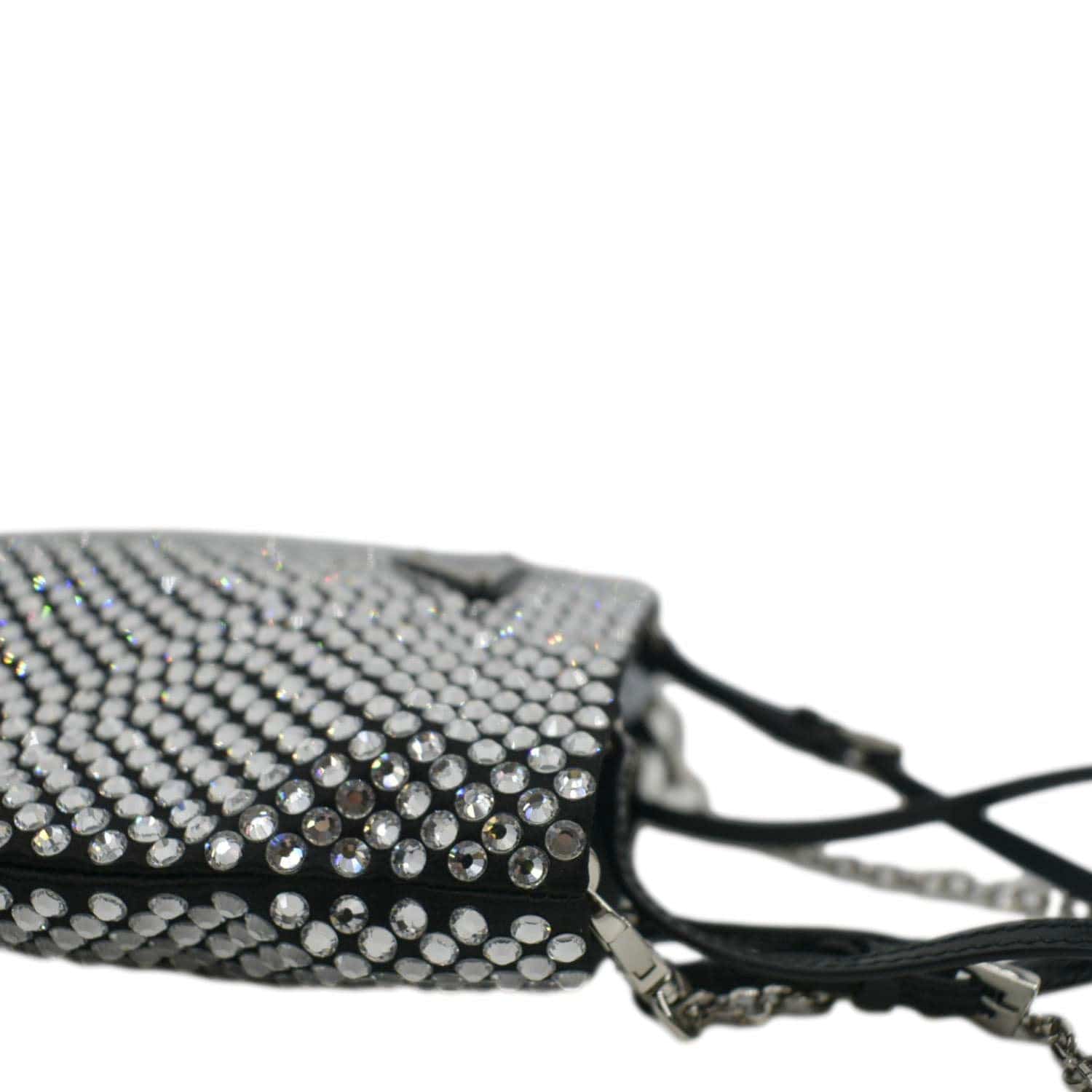 PRADA Chain Flat Mini Crystal Embellished Satin Tote Bag Silver