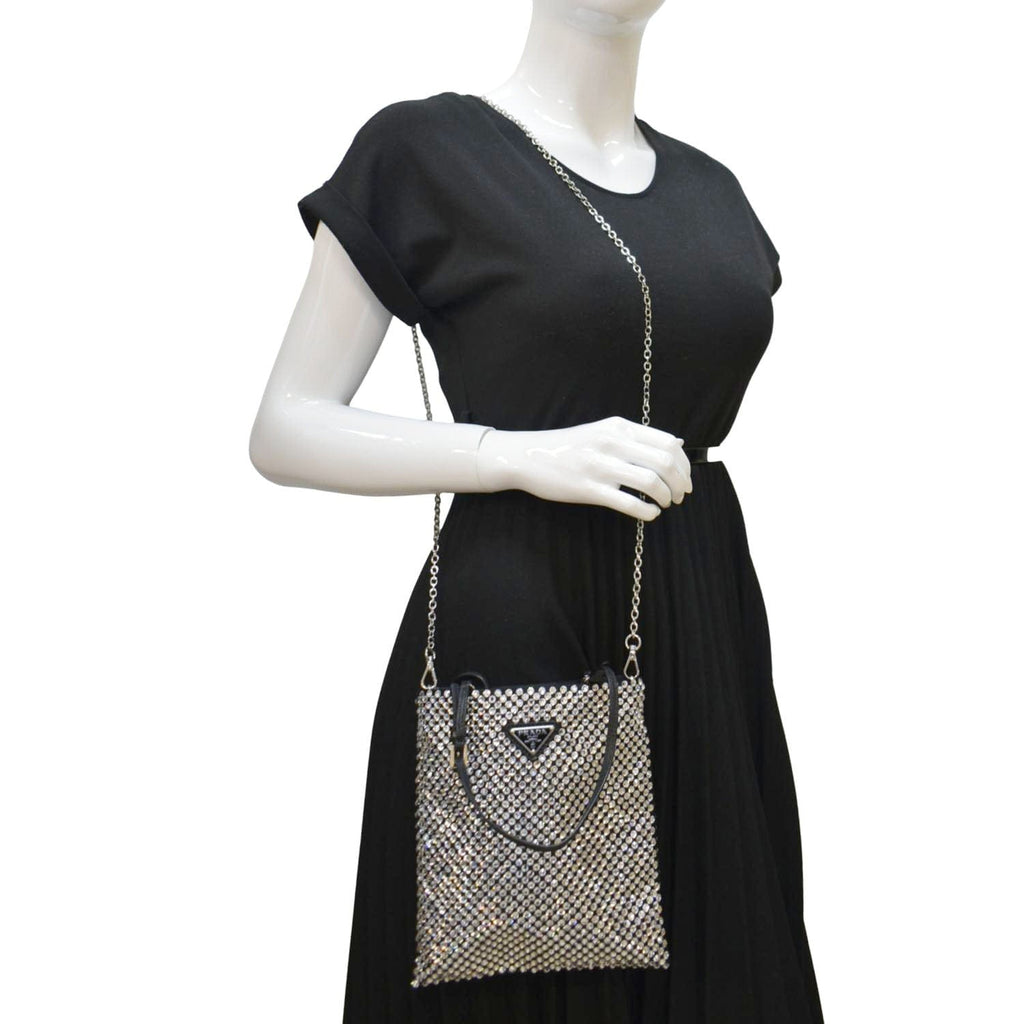 PRADA Chain Flat Mini Crystal Embellished Satin Tote Bag Silver