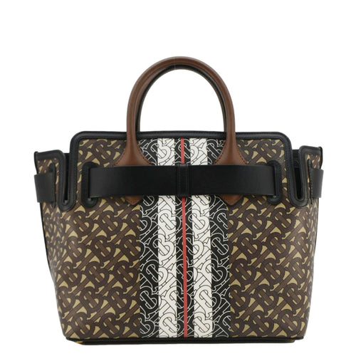BURBERRY Belted Small Monogram Stripe E-Canvas Tote Shoulder Bag Brown