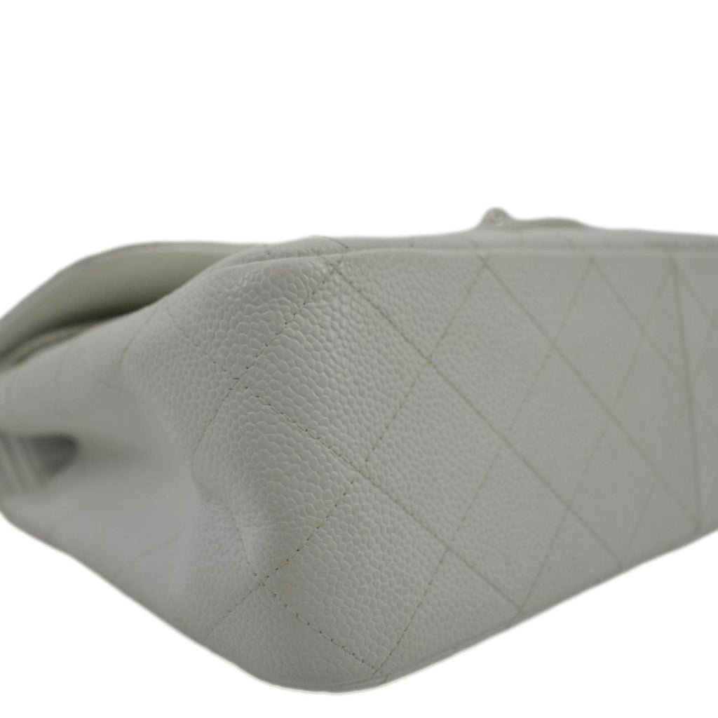 CHANEL Jumbo Double Flap Quilted Caviar Leather Shoulder Bag White