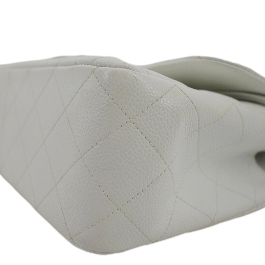 CHANEL Jumbo Double Flap Quilted Caviar Leather Shoulder Bag White