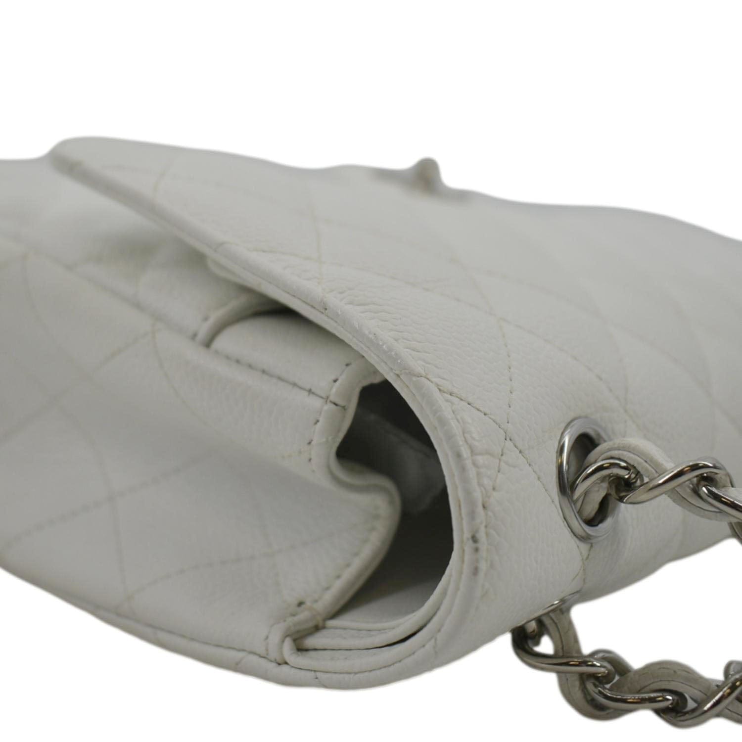 CHANEL Jumbo Double Flap Quilted Caviar Leather Shoulder Bag White