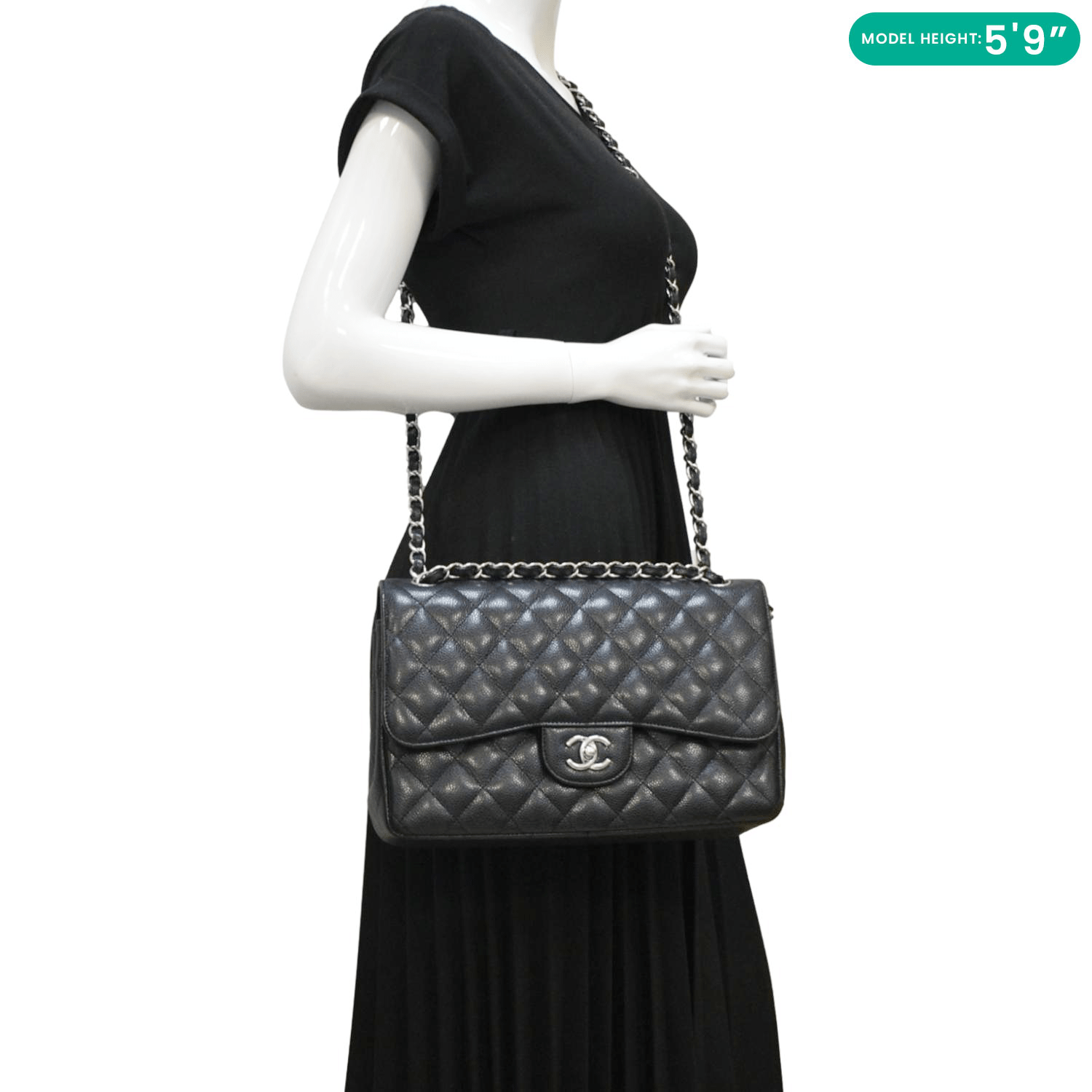 CHANEL Classic Jumbo Double Flap Quilted Caviar Leather Shoulder Bag Black