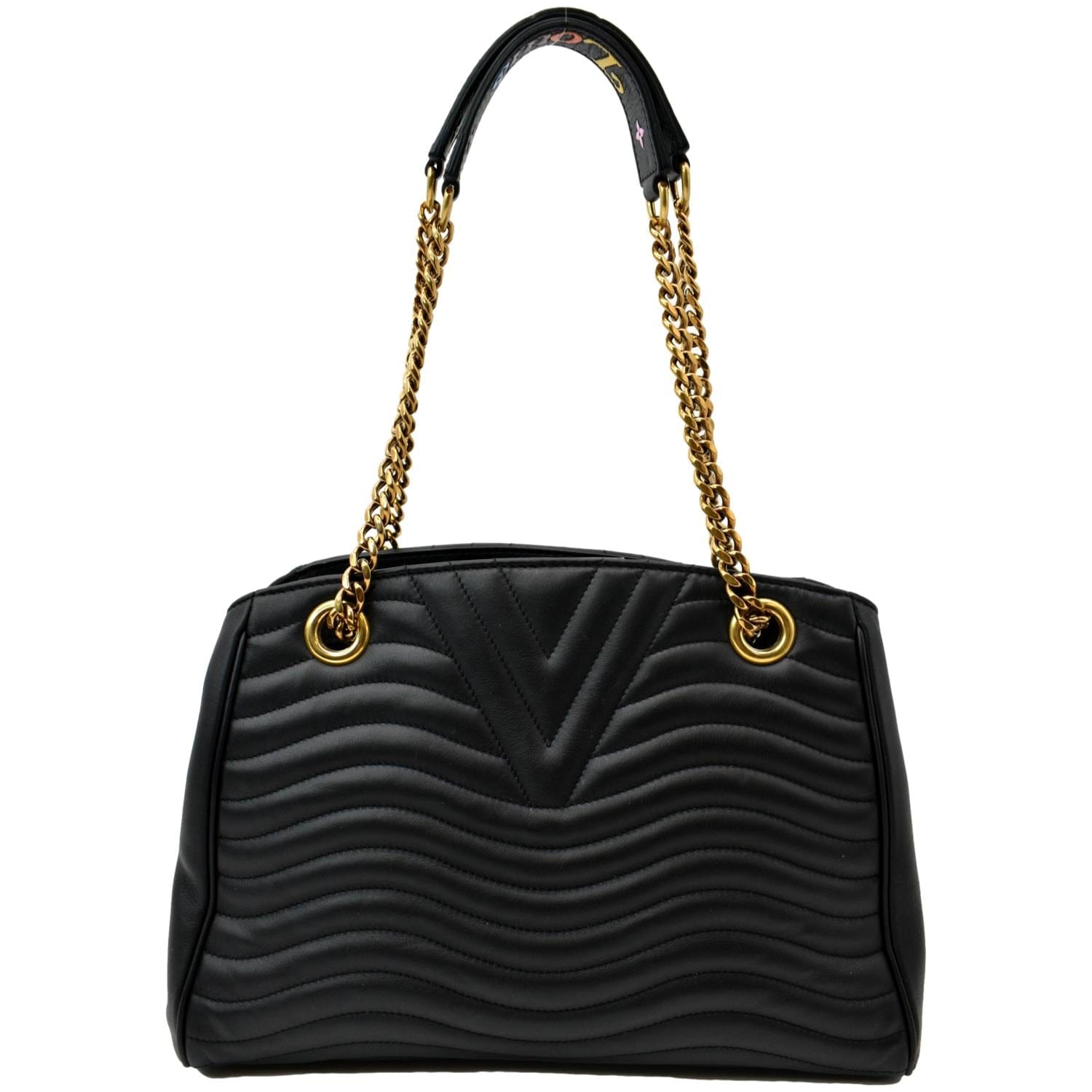 LOUIS VUITTON Wave Chain Leather Tote Shoulder Bag Black