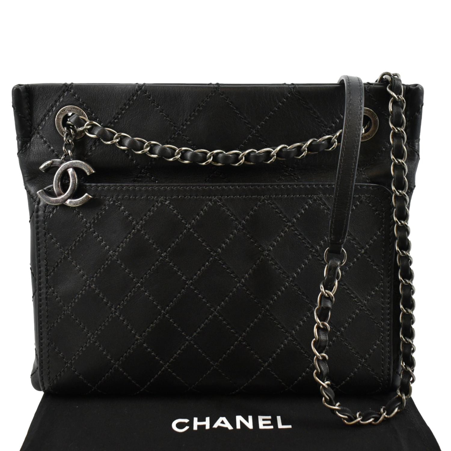 CHANEL Stitched CC Pocket Leather Shoulder Bag Black