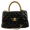 CHANEL Coco Mini Top Metal Handle Lambskin Leather Shoulder Bag Black