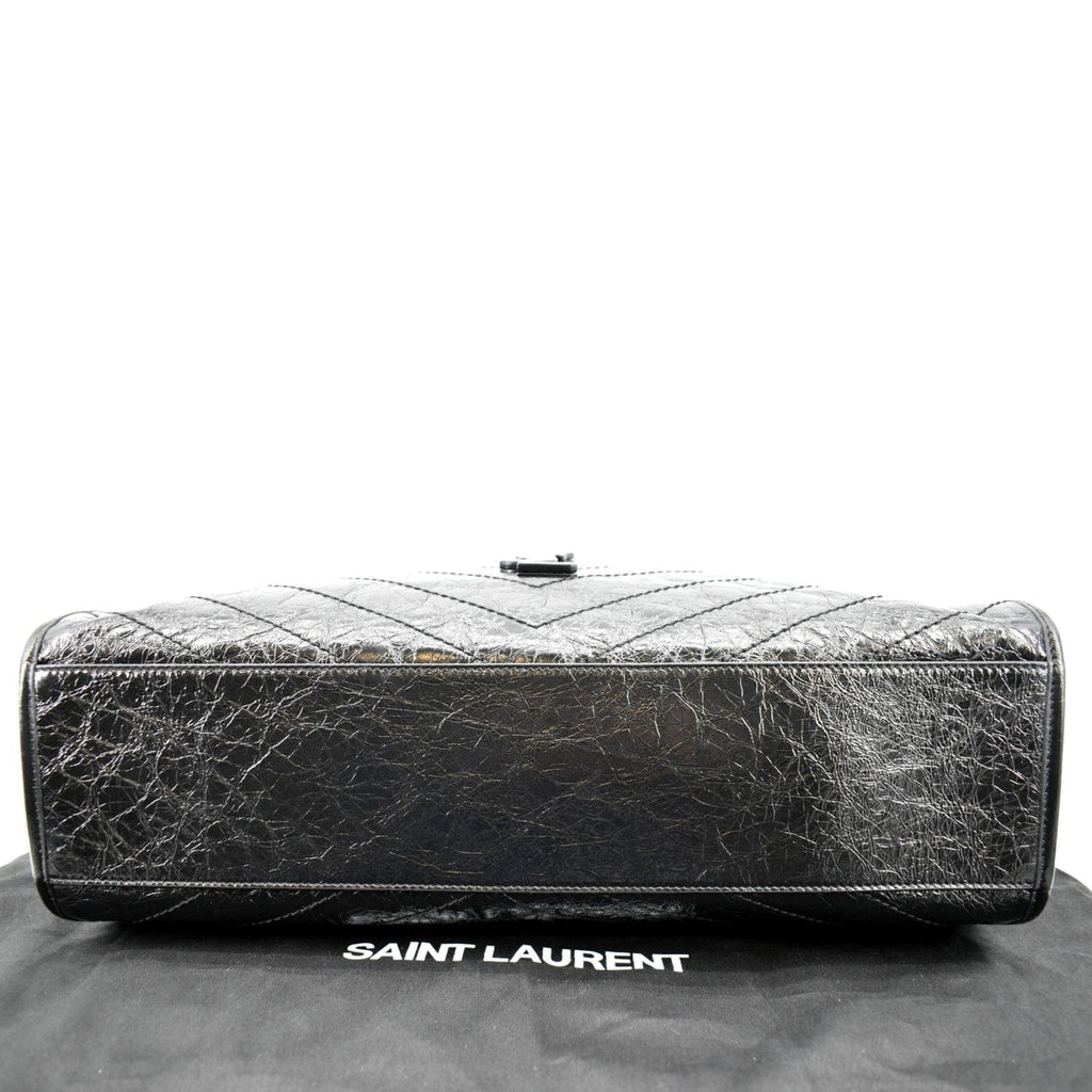 YVES SAINT LAURENT Niki Large Crinkle Leather Shopper Tote Bag Black