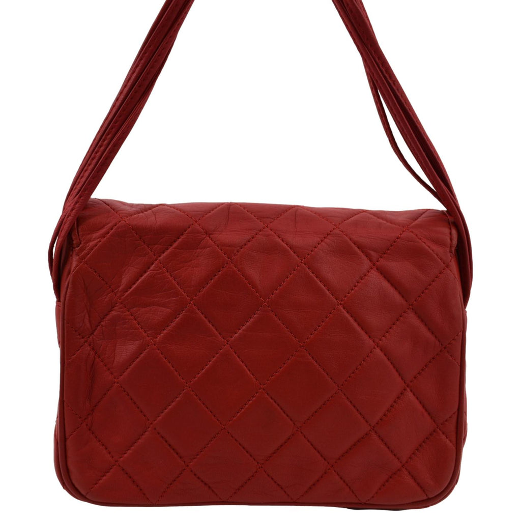 CHANEL Vintage Flap Lambskin Leather Shoulder Bag Red