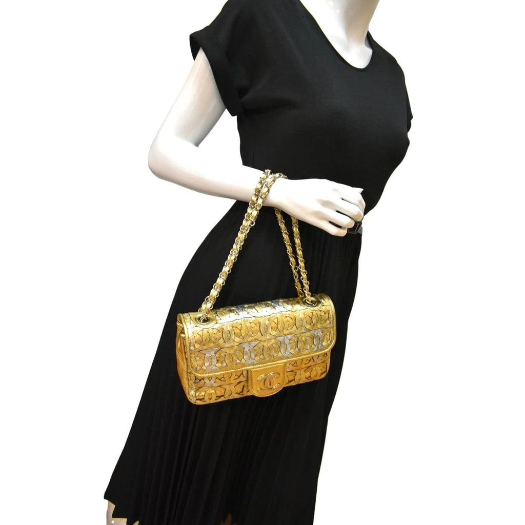 CHANEL Mix Medium Flap CC Crackled Calfskin Shoulder Bag Silver Gold