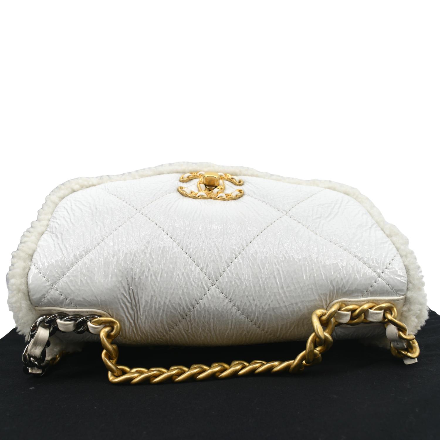 CHANEL 19 Flap Shearling Patent Leather Shoulder Bag White