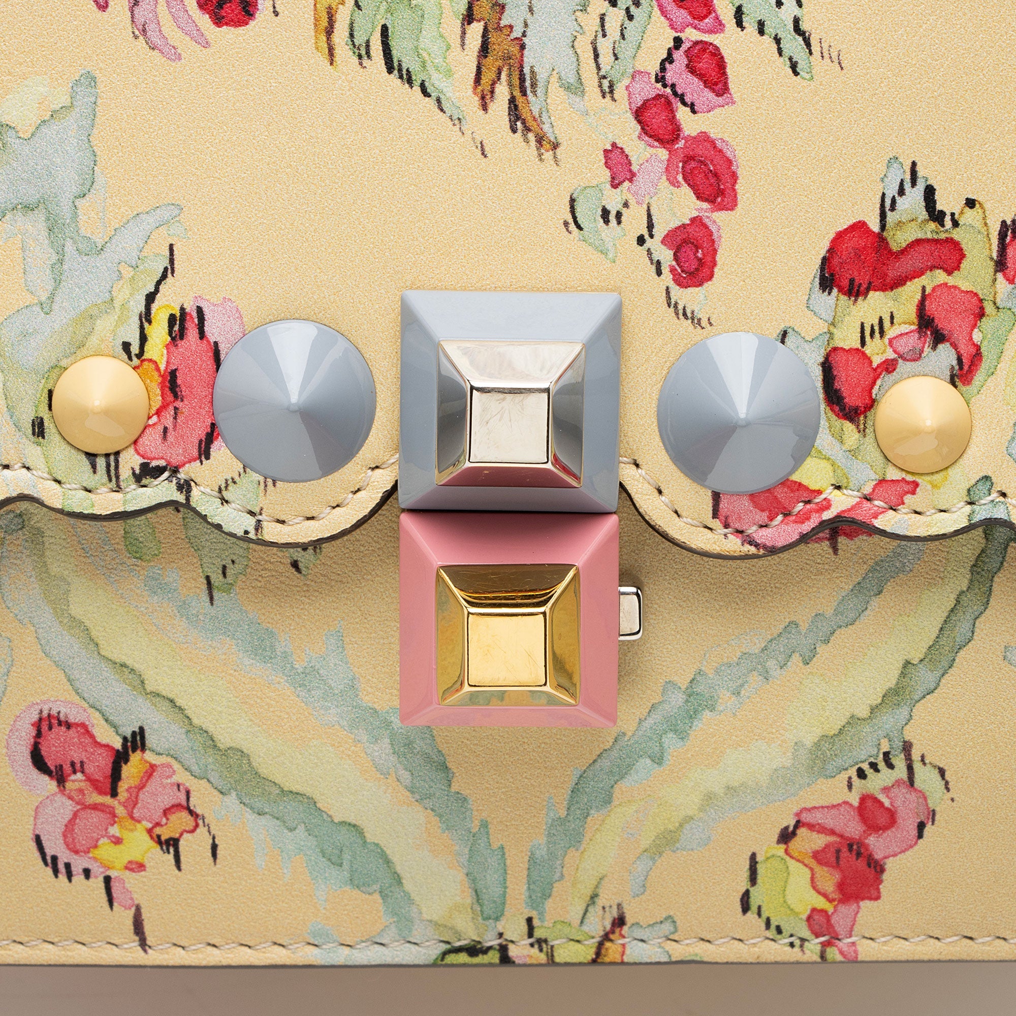 Fendi Calfskin Studded Multicolor Floral Kan I Small Shoulder Bag