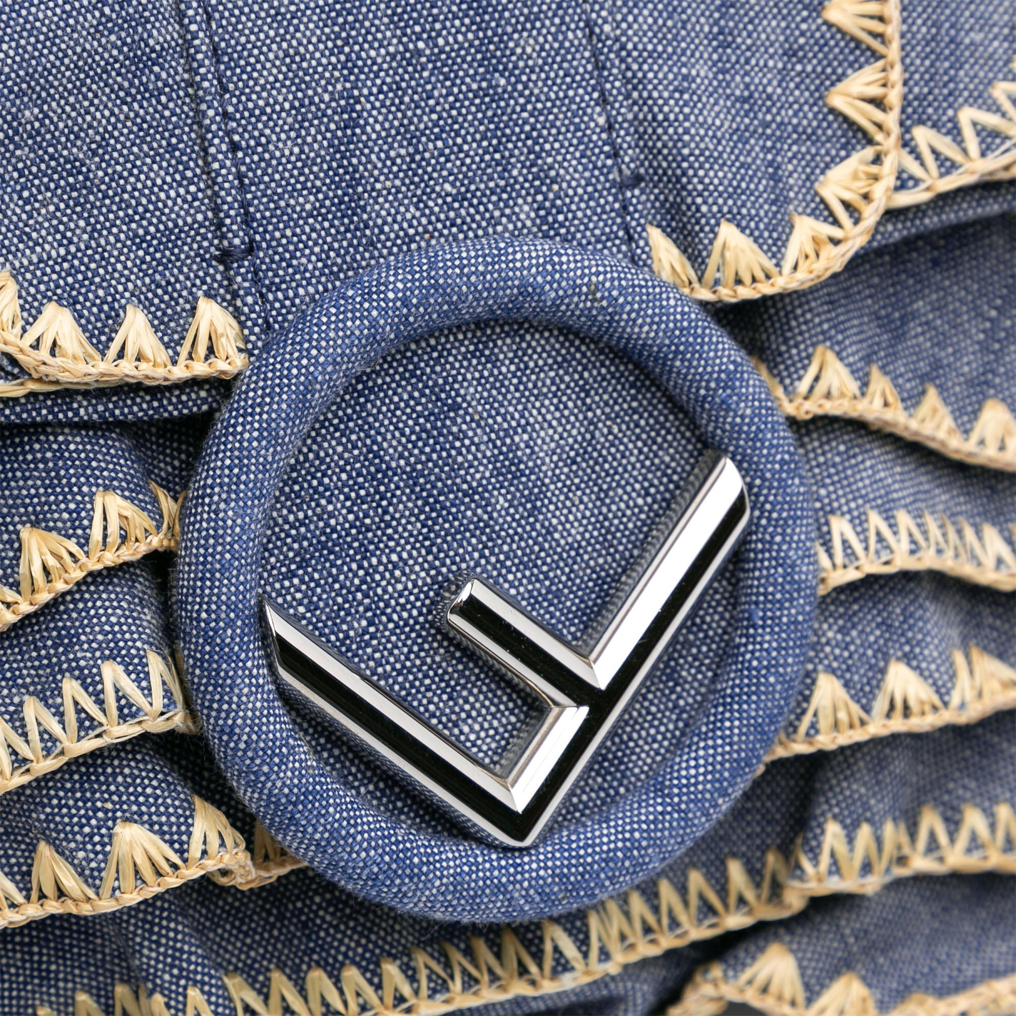 Fendi Embroidered Denim Ruffled F is Fendi Kan I Baguette
