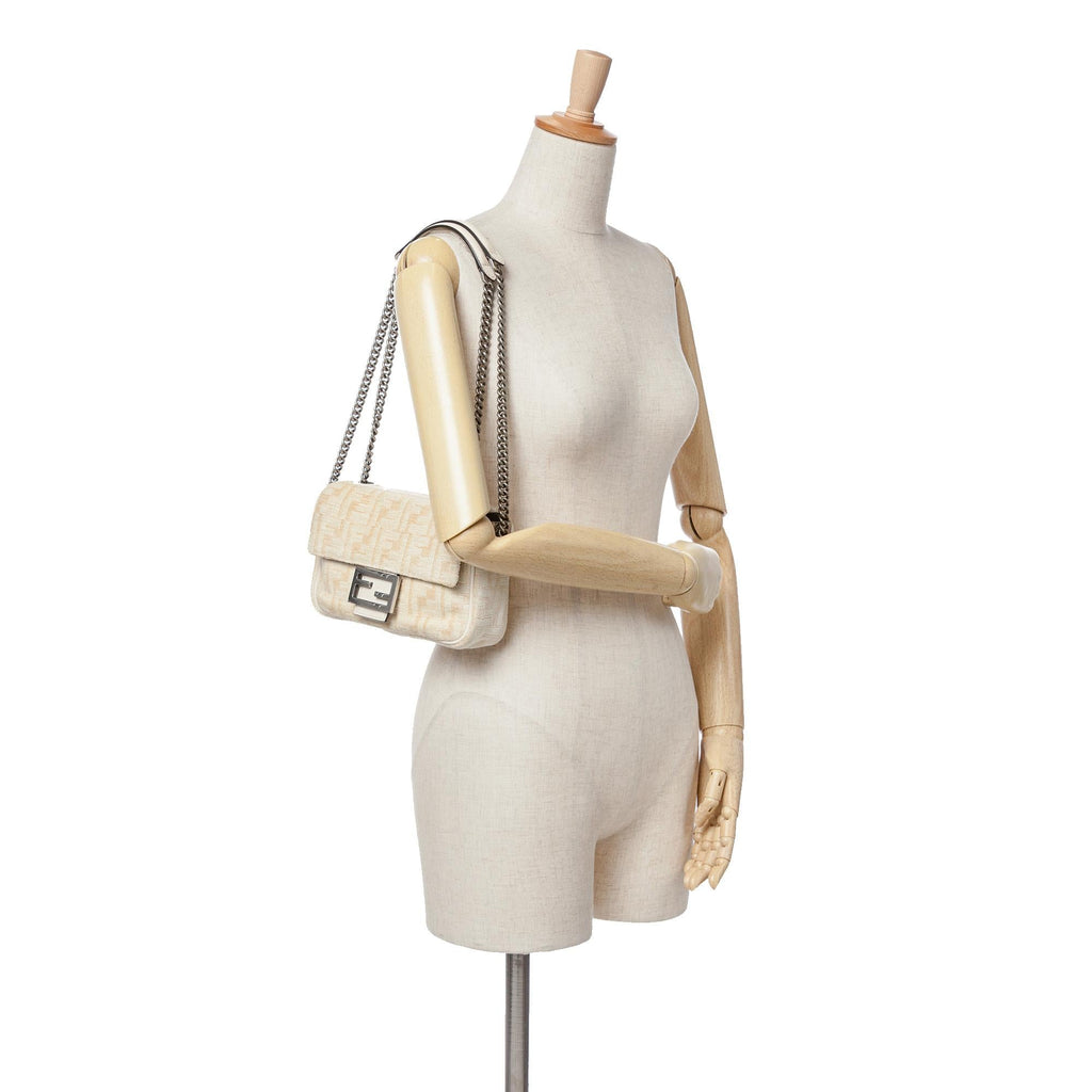 Fendi FF Chenille and Vitello Seta Chain Midi Baguette