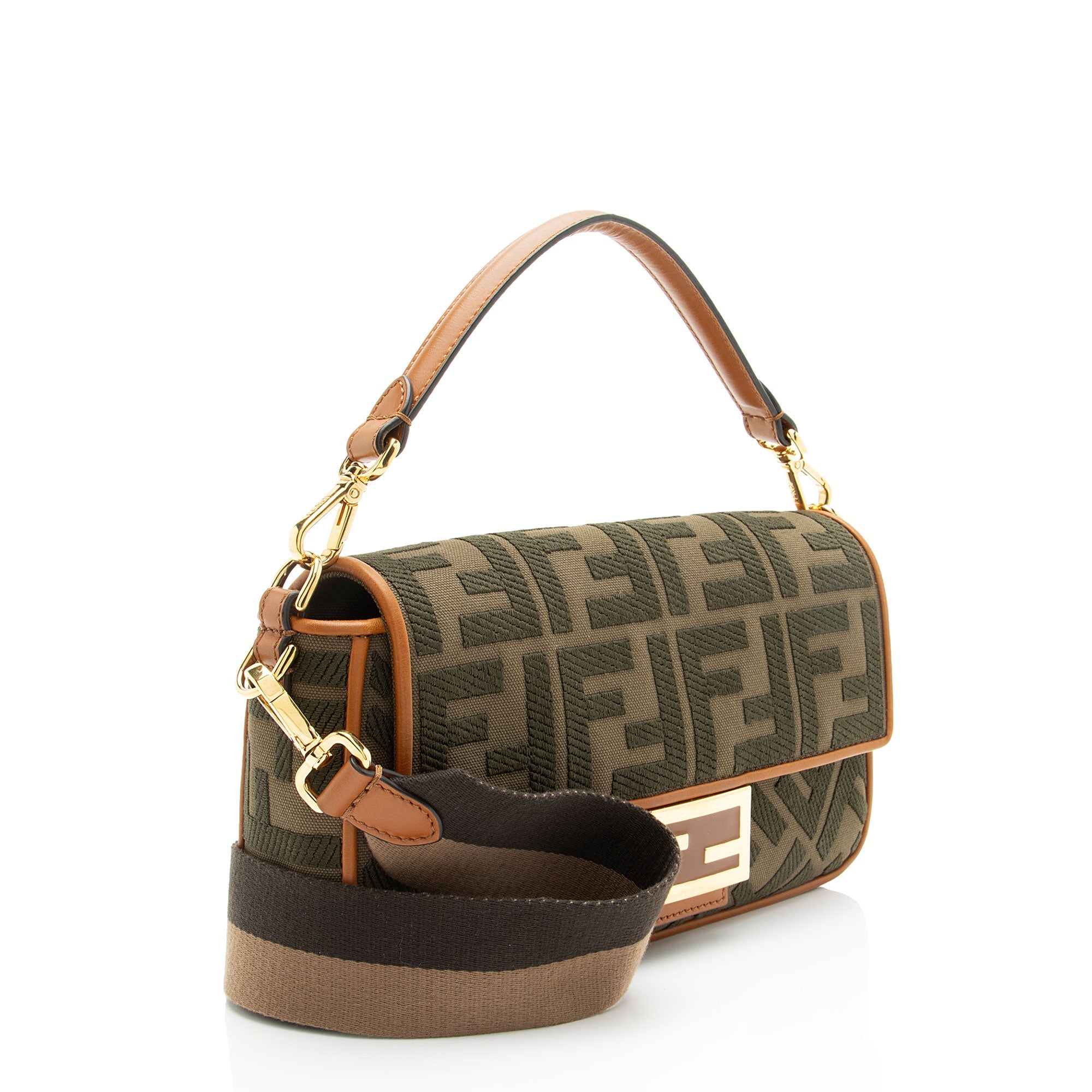 Fendi FF Embroidered Canvas Baguette Shoulder Bag
