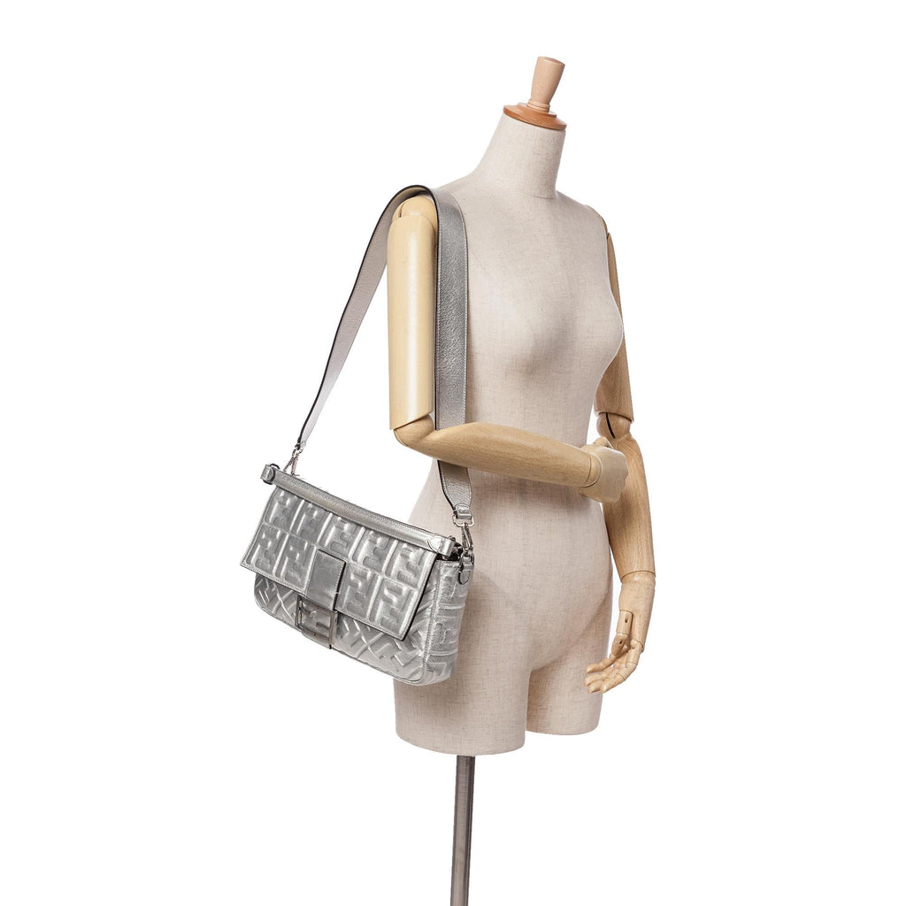 Fendi Large Zucca Embossed Leather Baguette Satchel