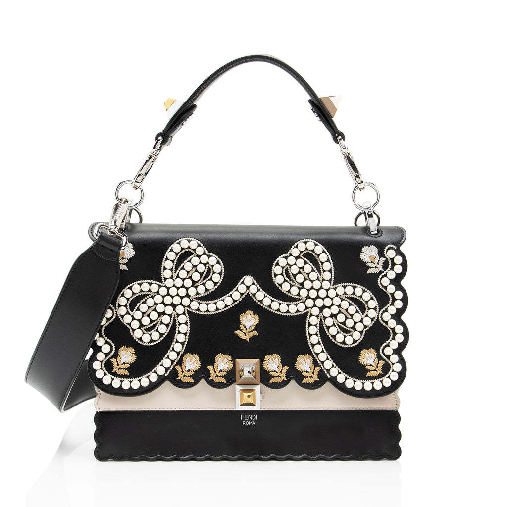 Fendi Leather Embroidered Flowers and Bows Kan I Medium Shoulder Bag