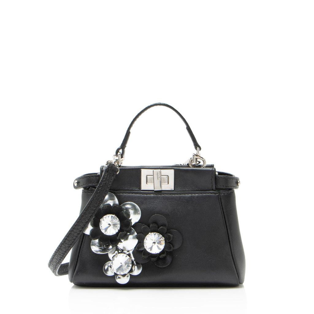 Fendi Leather Floral Embellished Peekaboo Micro Shoulder Bag