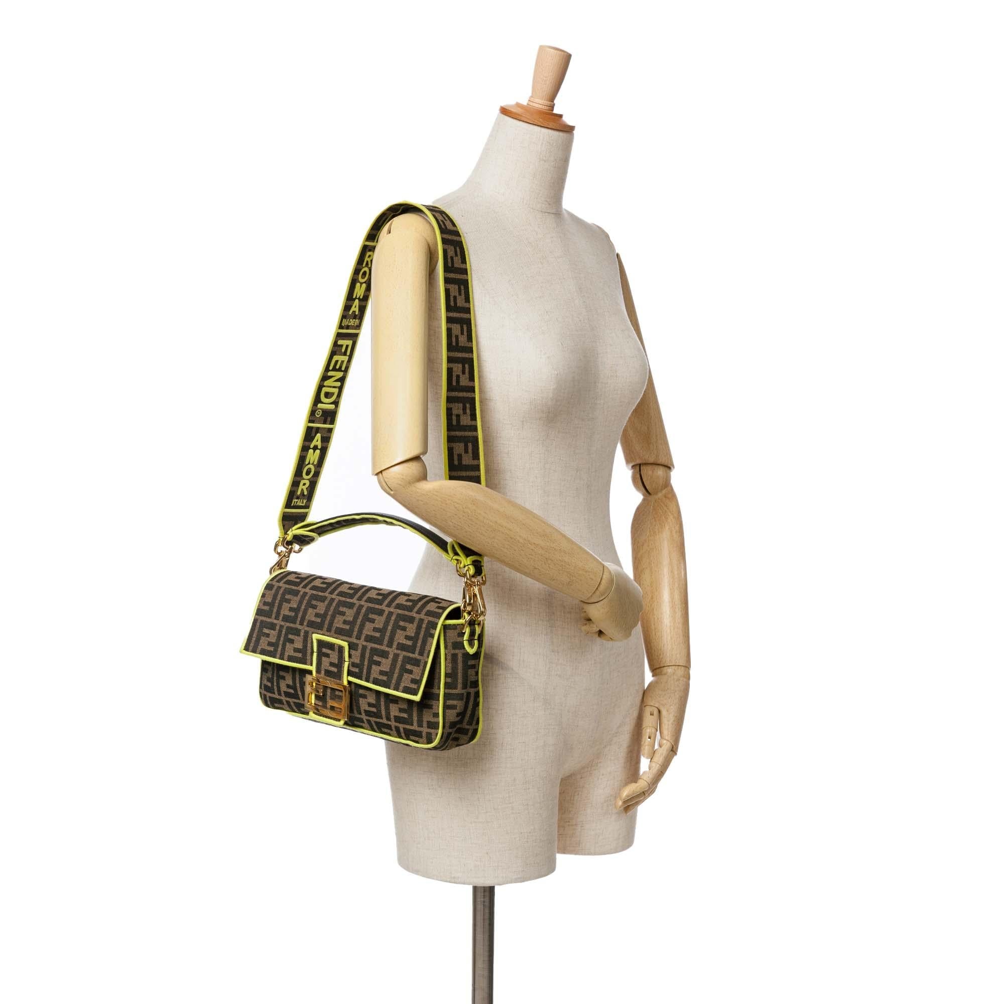 Fendi Medium Zucca Canvas Fluo Trim Baguette Satchel