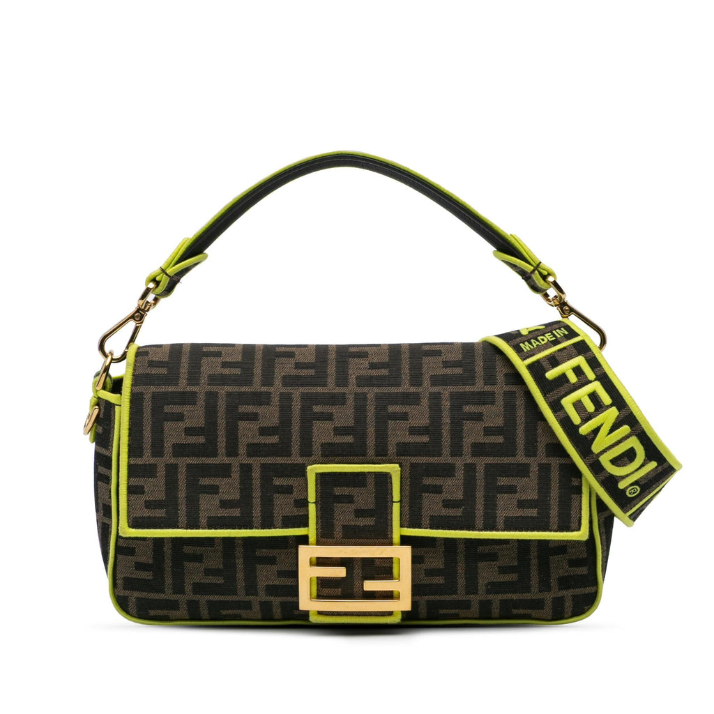 Fendi Medium Zucca Canvas Fluo Trim Baguette Satchel