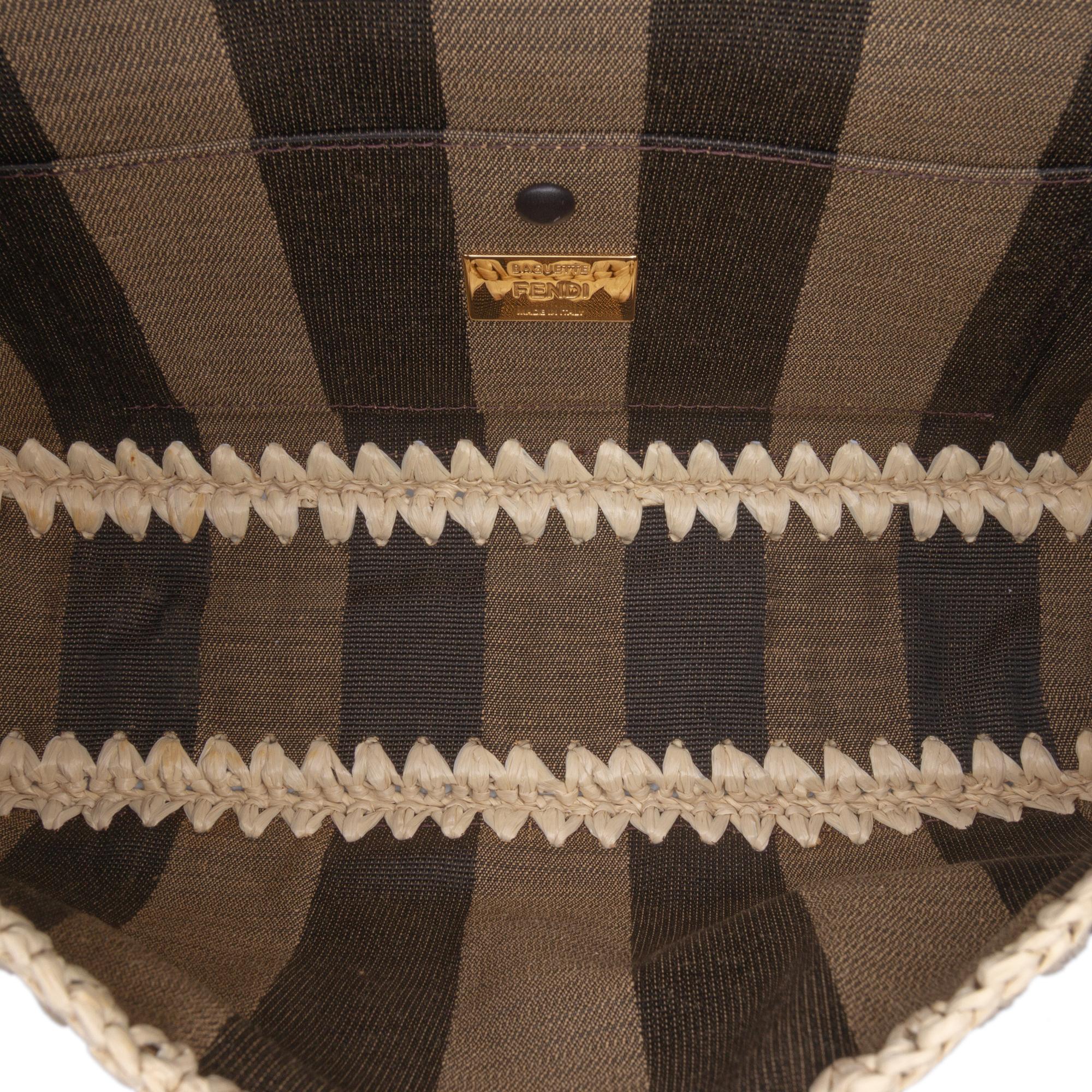 Fendi Pequin Gingham Canvas And Raffia Baguette Satchel