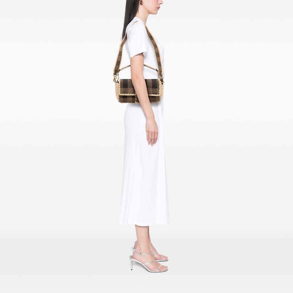 Fendi Pequin Gingham Canvas And Raffia Baguette Satchel